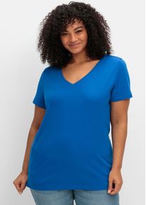 sheego Damen T-Shirt "T-Shirt", blau, Gr. 52, unifarben, 100% Baumwolle, Shirts