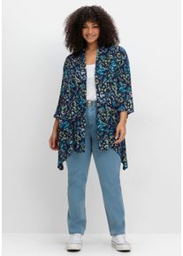 sheego Gro&szlig;e Gr&ouml;&szlig;en Longbluse mit Bl&auml;tterdruck, in Zipfelform, tiefblau-bedruckt, Gr&ouml;&szlig;e 44 - Damen