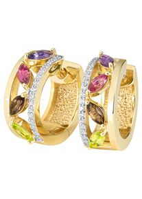 Jobo Damen Paar Creolen, SI = kleine Einschlüsse, Gelbgold 585-Diamanten, gelb, Gelbgold 585, Diamanten, Ohrringe, 585 Gold mit 8 bunten Edelsteinen