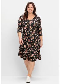 Damen Jerseykleid "Jerseykleid", schwarz, Gr. 42, sheego by Joe Browns, gemustert, mehrfarbig, geblümt, bedruckt, Jersey, Single Jersey, 95% Viskose,