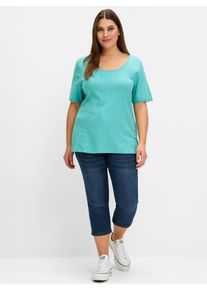 sheego Damen Kurzarmshirt "T-Shirt", blau, Gr. 52, unifarben, 100% Baumwolle, Shirts