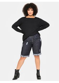 sheego Damen Rundhalspullover "Rundhalspullover", schwarz, Gr. 52, unifarben, 70% Viskose, 17% Leinen, 13% Polyester, Pullover