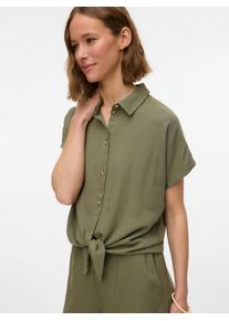 Véro Moda VERO MODA Damen Kurzarmbluse "VMTHEA SS TIE SHIRT WVN NOOS", grün, modisch, Gr. L, unifarben, Web, Obermaterial: 70% Viskose, 30% Leinen, Blusen