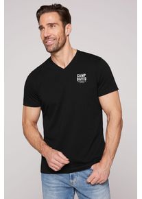 CAMP DAVID Herren V-Shirt, schwarz, casual, Gr. M, unifarben, bedruckt, Single Jersey, Obermaterial: 95% Baumwolle, 5% Elasthan, Shirts, mit
