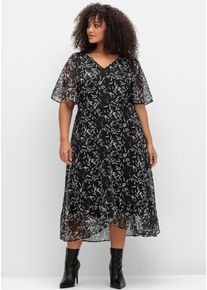 sheego Damen Chiffonkleid "Chiffonkleid", schwarz-weiß, Gr. 56, geblümt, gemustert, 100% Polyester, Kleider