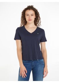 Tommy Jeans Damen V-Shirt, blau, Gr. XXS, unifarben, Obermaterial: 100% Baumwolle, Shirts, mit Tommy Jeans Logo-Flag auf der Brust