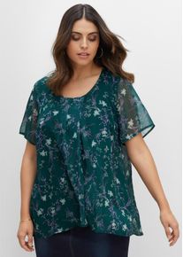 sheego Damen Longshirt "T-Shirt"tiefgrün, bedruckt, Gr. 48, geblümt, gemustert, mehrfarbig, 100% Polyester, Shirts