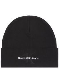 Damen Beanie "MONO LOGO EMBRO BEANIE", schwarz, casual, Calvin Klein Jeans, unifarben, Strick, Baumwolle, Mützen, mit Logostickerei