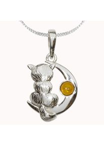 OSTSEE-SCHMUCK Damen Kette mit Anhänger "OSTSEE-SCHMUCK Kette mit Anhänger Katze und Mond", 36 bis 38cm, Silber 925 (Sterlingsilber), L: 36cm-38cm,
