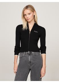 Tommy Jeans Damen Strickjacke "TJW METALLIC TIP ZIP CARDIGAN", schwarz, casual, Gr. S, glänzend, Strick, Obermaterial: 73% Polyester, 27% Polyamid,