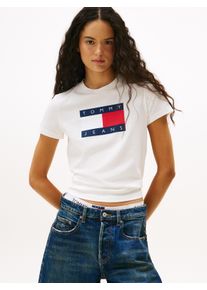 Tommy Jeans Damen Kurzarmshirt "TJW REG TJ FLAG SS TEE", beige, casual, Gr. M, bedruckt, Single Jersey, Obermaterial: 100% Baumwolle, Shirts