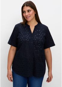 sheego Damen Kurzarmbluse, blau, Gr. 52, unifarben, 100% Baumwolle, Blusen