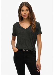 Superdry Damen T-Shirt "STUDIOS SLUB EMB VEE TEE", schwarz, casual, Gr. XS, unifarben, Single Jersey, Obermaterial: 95% Viskose, 4% Polyacryl, 1%