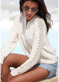 Vivance Ajourstrickjacke beige Gr. 32/34 für Damen. Rundhals und Spitze. Figurumspielend. Nachhaltig.