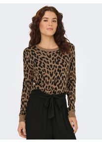 Only Damen Rundhalspullover "ONLVIENNA LS JQ LEO O-NECK CC KNT"toasted coconut pattern:melange, schwarz, modisch, Gr. XS, gemustert, animal-print,