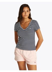 Tommy Jeans Damen T-Shirt "TJW SLIM ESSENTIAL RIB V SS"schwarz night navy stripes, casual, Gr. XS, gestreift, Rippware, Obermaterial: 95% Baumwolle,