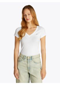 Tommy Jeans Damen T-Shirt "TJW SLIM V-NECK TEE", weiß, Basic, Gr. XS, unifarben, Single Jersey, Obermaterial: 100% Baumwolle, Shirts, mit