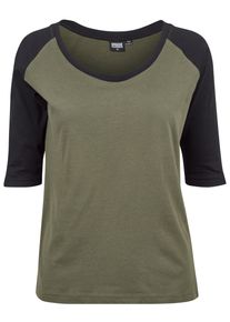 Urban Classics Damen Kurzarmshirt "Urban Classics Damen Ladies 3/4 Contrast Raglan Tee", grün, casual, Gr. 5XL, mehrfarbig, 100% Baumwolle, Shirts
