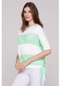 SOCCX Damen Rundhalsshirt, grün, casual, Gr. XS, gestreift, bedruckt, Material: 65% Polyester, 35% Baumwolle, Shirts, mit Knoten-Saum