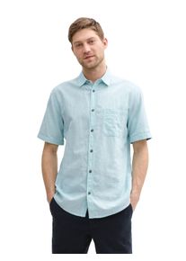 Tom Tailor Herren Kurzarmhemdpastel turquoise chambray, casual, Gr. L, meliert, Web, Obermaterial: 55% Leinen, 45% Baumwolle, Hemden, mit Brusttasche
