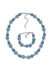 Steuer Damen Collierkettchen "Set Armband und Collier Acrylperlen blau", 48cm, Metall, L: 48cm B: 14.0mm, weiß, Metall, B:14.0mm, Halsketten
