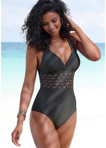 Lascana Damen Badeanzug "Adelin", grün, Gr. 36, Animalprint, unifarben, Recycling-Polyamid, Badeanzüge, mit Shaping-Effekt und trendigen Kreuzträgern