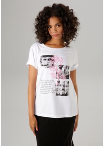 Aniston CASUAL Damen T-Shirt, weiß, modisch, Gr. 36, bedruckt, Single Jersey, Obermaterial: 100% Baumwolle, Shirts, mit Rose verzierter