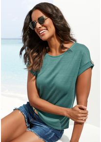 Lascana Damen Kurzarmshirt "mit Knopfdetail am Ärmelabschluss", grün, Basic, Gr. 36, unifarben, Feinstrick, Obermaterial: 50% Viskose, 46% Polyester,