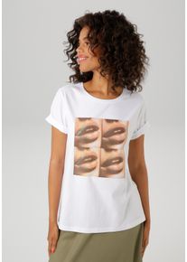 Aniston CASUAL Damen T-Shirt, weiß, modisch, Gr. 36, bedruckt, Glitzermuster, Single Jersey, Obermaterial: 100% Baumwolle, Shirts, mit Glitzer