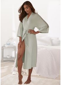 Lascana Damen Kimono, Gr. 32, grün, Single-Jersey, unifarben, Hausmäntel, mit Spitzendetails