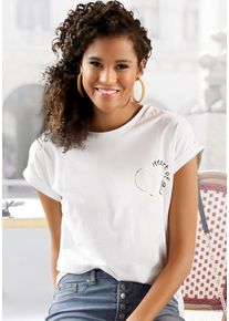 Lascana Damen T-Shirt, weiß, sportlich, Gr. 36, unifarben, Single Jersey, Obermaterial: 100% Baumwolle, Shirts, mit glänzendem Print, Kurzarmshirt