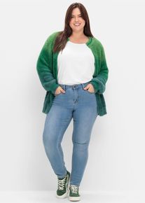 Damen Strickjacke, grün, Gr. 52, sheego by Joe Browns, bedruckt, gemustert, mehrfarbig, 97% Polyamid, 3% metallisierte Fasern, Strickjacken