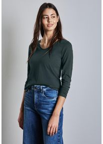 Street One Damen Langarmshirt, grün, casual, Gr. 46, unifarben, Web, 100% Baumwolle, Shirts, mit abgerundetem V-Ausschnitt