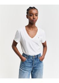 Gant Damen T-Shirt "REG SHIELD KA V-NECK T-SHIRT", weiß, Basic, Gr. M, unifarben, Jersey, Obermaterial: 100% Baumwolle, Shirts, mit einer kleinen