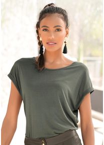 Lascana Damen Kurzarmshirt, grün, modisch, Gr. 32, unifarben, Jersey, Obermaterial: 100% Viskose, Shirts, mit Rundhalsausschnitt, Jerseyware,