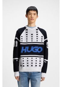 HUGO BLUE Herren V-Ausschnitt-Pullover "Shalock", weiß, casual, Gr. L, Intarsienmuster, Strick, Obermaterial: 51% Polyacryl, 47% Baumwolle, 2%
