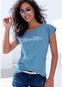 Beach Time BEACHTIME Damen T-Shirt "mit Frontdruck "Smile"", blau, modisch, Gr. 32, bedruckt, Obermaterial: 100% Baumwolle, Shirts, aus weicher Baumwoll-Qualität