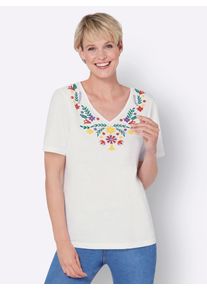 Classic Basics Damen V-Shirt "Kurzarm-Shirt", weiß, Gr. 50, geblümt, gemustert, mehrfarbig, 100% Baumwolle, Shirts