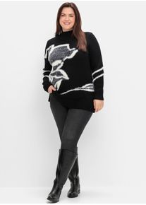 sheego Damen Stehkragenpullover "Stehkragenpullover", schwarz, Gr. 56, geblümt, gemustert, 45% Viskose, 32% Polyester, 23% Polyamid, Pullover