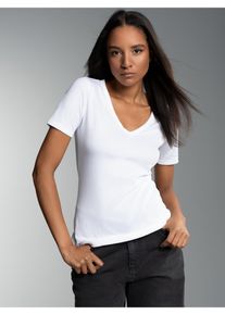 TRIGEMA Damen T-Shirt "TRIGEMA V-Shirt aus Baumwolle/Elastan", weiß, Basic, Gr. L, 95% Baumwolle, 5% Elastan, Shirts