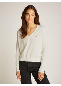 Tommy Jeans Damen V-Ausschnitt-Pullover "TJW ESSENTIAL VNECK SWEATER EXT", weiß, casual, Gr. M, unifarben, Strick, Obermaterial: 100% Baumwolle,
