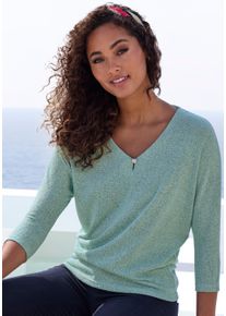 Lascana Damen 3/4-Arm-Shirt "mit funkelndem Strassknopf", grün, feminin, Gr. 32, Strukturmuster, unifarben, Strick, Obermaterial: 77% Viskose