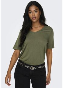 Only Damen Kurzarmshirt "ONLELISE S/S V-NECK TOP JRS NOOS", grün, modisch, Gr. M, unifarben, Jersey, Obermaterial: 70% Viskose, 30% Polyester, Shirts