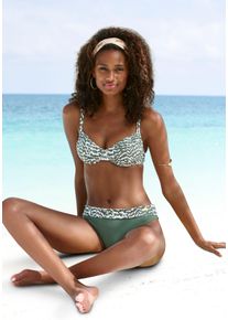 Lascana Damen Bikini-Hose "Sansa", grün, Gr. 34, unifarben, bedruckt, kontrastfarbene Details, Recycling-Polyamid, Badehosen, mit Umschlagbund