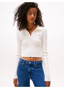 Tommy Jeans Damen Polokragenpullover "TJW ESSENTIAL POLO LS SWEATER", weiß, casual, Gr. S, unifarben, Strick, Obermaterial: 80% Baumwolle, 20%