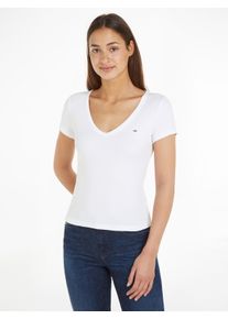 Tommy Jeans Damen T-Shirt "TJW SLIM ESSENTIAL RIB V SS", weiß, casual, Gr. XS, unifarben, Rippware, Obermaterial: 95% Baumwolle, 5% Elasthan, Shirts,