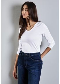 Street One Damen Langarmshirt, weiß, casual, Gr. 46, unifarben, Web, 100% Baumwolle, Shirts, mit abgerundetem V-Ausschnitt