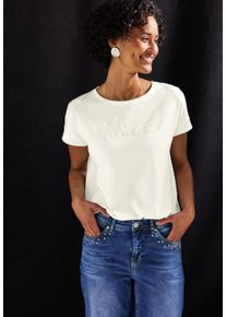 Street One Damen Shirttop, weiß, casual, Gr. 42, bestickt, Jersey, Obermaterial: 47% Baumwolle, 47% Modal, 6% Elasthan, Tops, mit Wording-Stickerei