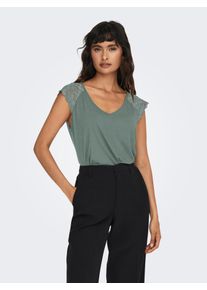 Only Damen V-Shirt "ONLPETRA S/S LACE MIX TOP CS JRS", grün, modisch, Gr. S, unifarben, Single Jersey, Obermaterial: 95% Viskose, 5% Elasthan, Shirts