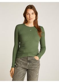 Tommy Jeans Damen Langarmshirt "TJW SLIM ESSENTIAL RIB LS", grün, casual, Gr. S, unifarben, Rippware, Obermaterial: 95% Baumwolle, 5% Elasthan,